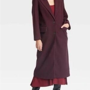 Women's Long Faux Wool Coat in Burgundy